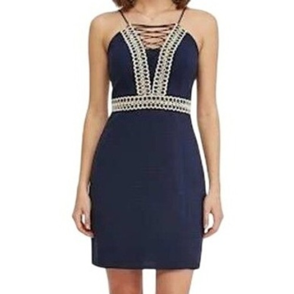LILLY PULITZER Trista Lace Up Shift Dress Textured Navy Blue Gold Trim EUC‎ 6